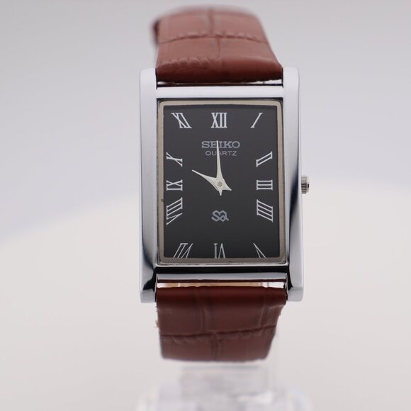 Seiko Slim Vintage Quartz Men's Wrist Watch Black Dial with new Camel Strap - Picture 2 of 6